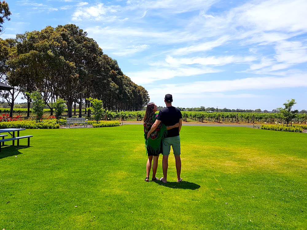 Couple standing at a winery overlooking the vineyard