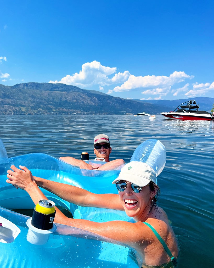Mike and Aly floating on Okanagan Lake in Kelowna, BC