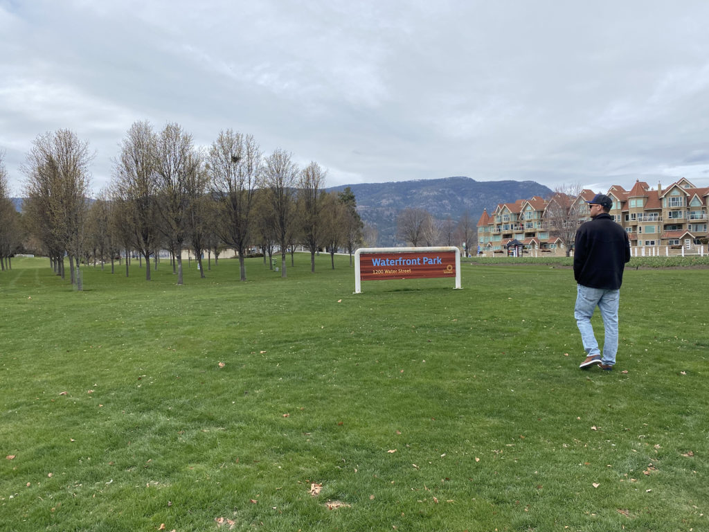 Mike walking through Waterfront Park as things to do in Kelowna